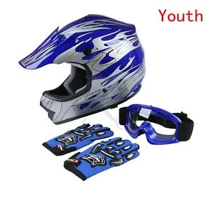 DOT ユース ブルー フレーム ダート バイク ATV MX モトクロス ヘルメット ゴーグル + 手袋 S/M/L/XL DOT Youth Blue Flame Dirt Bike ATV MX Motocross Helmet Goggles+Gloves S/M/L/XL