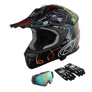 fsmotouk DOT Helmet Goggles Gloves Youth Kids Full Face Off-Road Motocross Graffiti