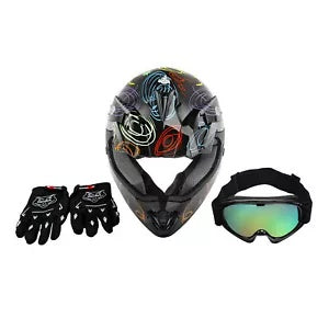 fsmotouk DOT Helmet Goggles Gloves Youth Kids Full Face Off-Road Motocross Graffiti