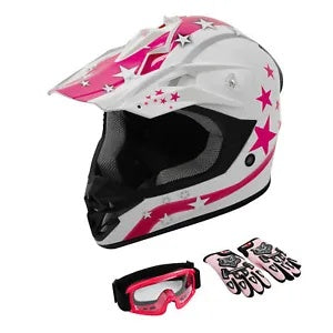 fsmotouk DOT Youth Kids Full Face Helmet Off-Road Goggles Gloves White Pink Star S/M/L/XL