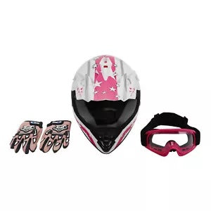 fsmotouk DOT Youth Kids Full Face Helmet Off-Road Goggles Gloves White Pink Star S/M/L/XL